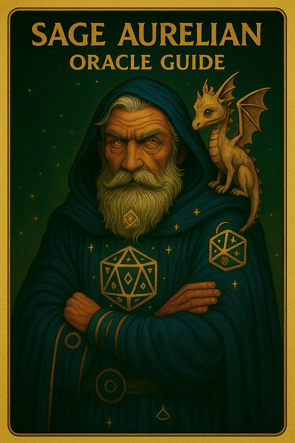 Sage Aurelian - Oracle Guide MANcard featuring a wise bearded sage in dark robes with a golden dragon companion and mystical dice